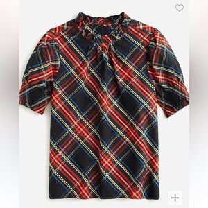 NWT! J Crew Smocked puff-sleeve cotton poplin top in Stewart tartan